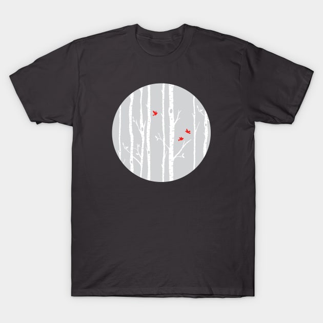 Birch trees with red flying birds T-Shirt by Jennifer Ladd